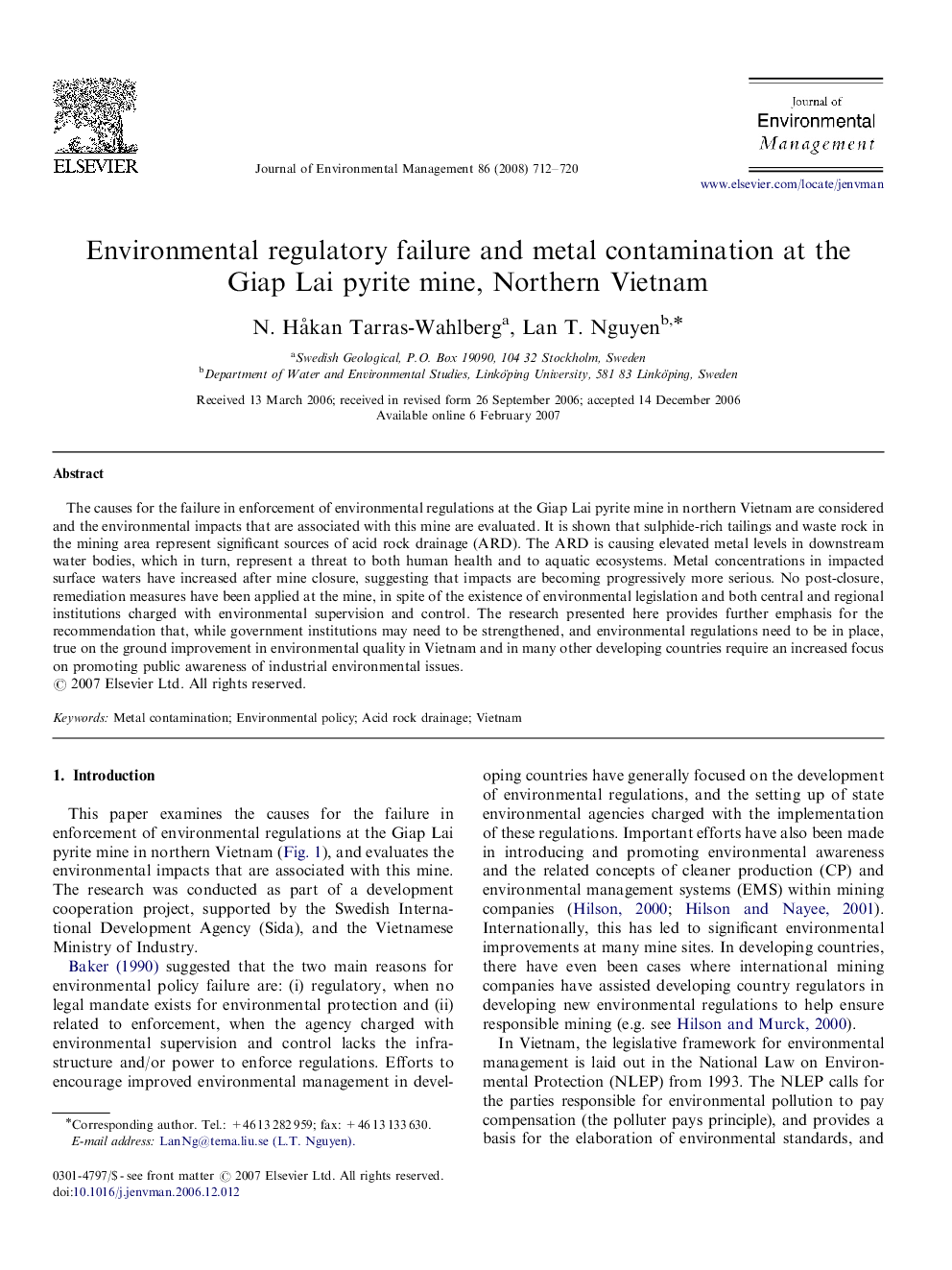 Environmental regulatory failure and metal contamination at the Giap Lai pyrite mine, Northern Vietnam