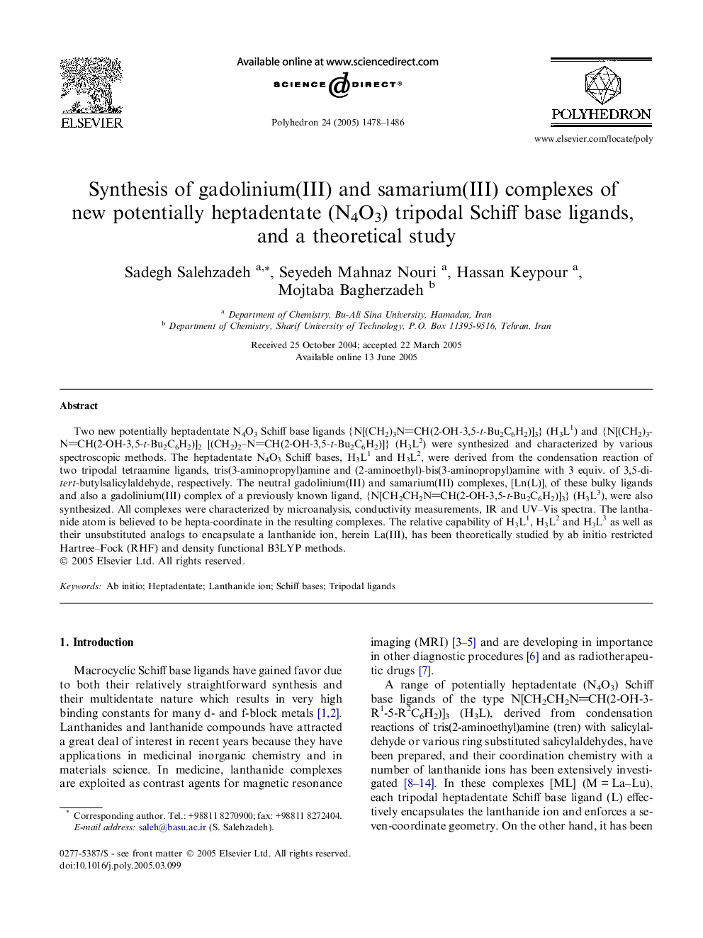 Synthesis of gadolinium(III) and samarium(III) complexes of new potentially heptadentate (N4O3) tripodal Schiff base ligands, and a theoretical study