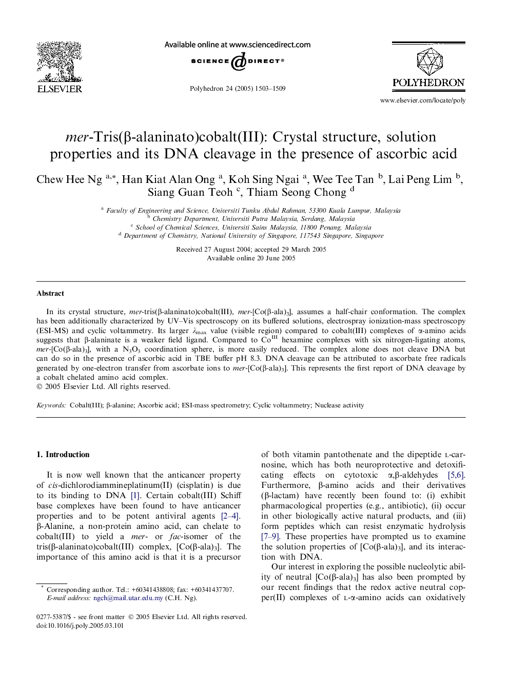 mer-Tris(Î²-alaninato)cobalt(III): Crystal structure, solution properties and its DNA cleavage in the presence of ascorbic acid