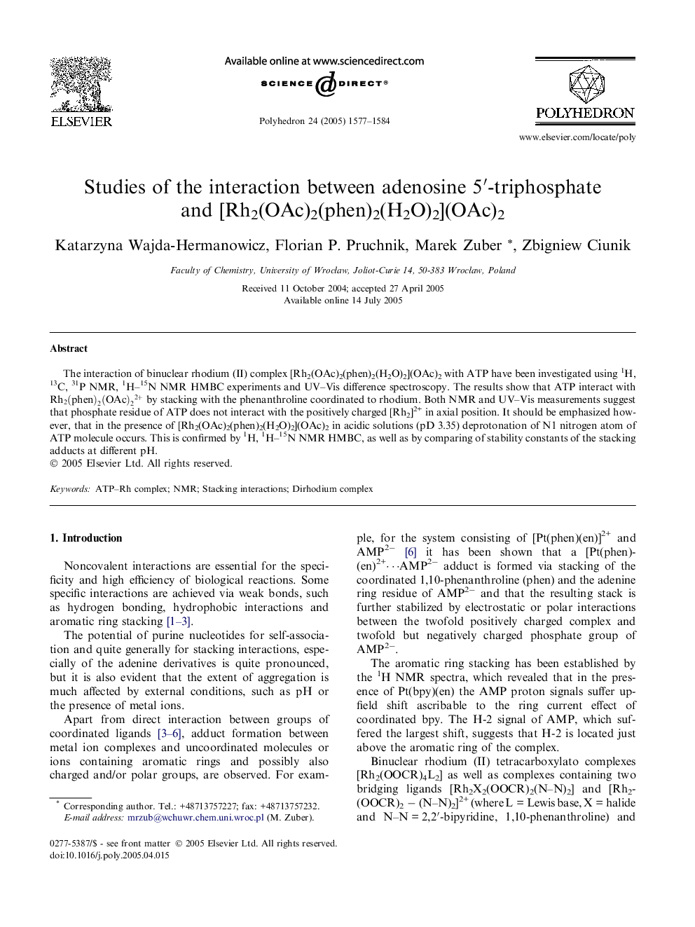 Studies of the interaction between adenosine 5â²-triphosphate and [Rh2(OAc)2(phen)2(H2O)2](OAc)2