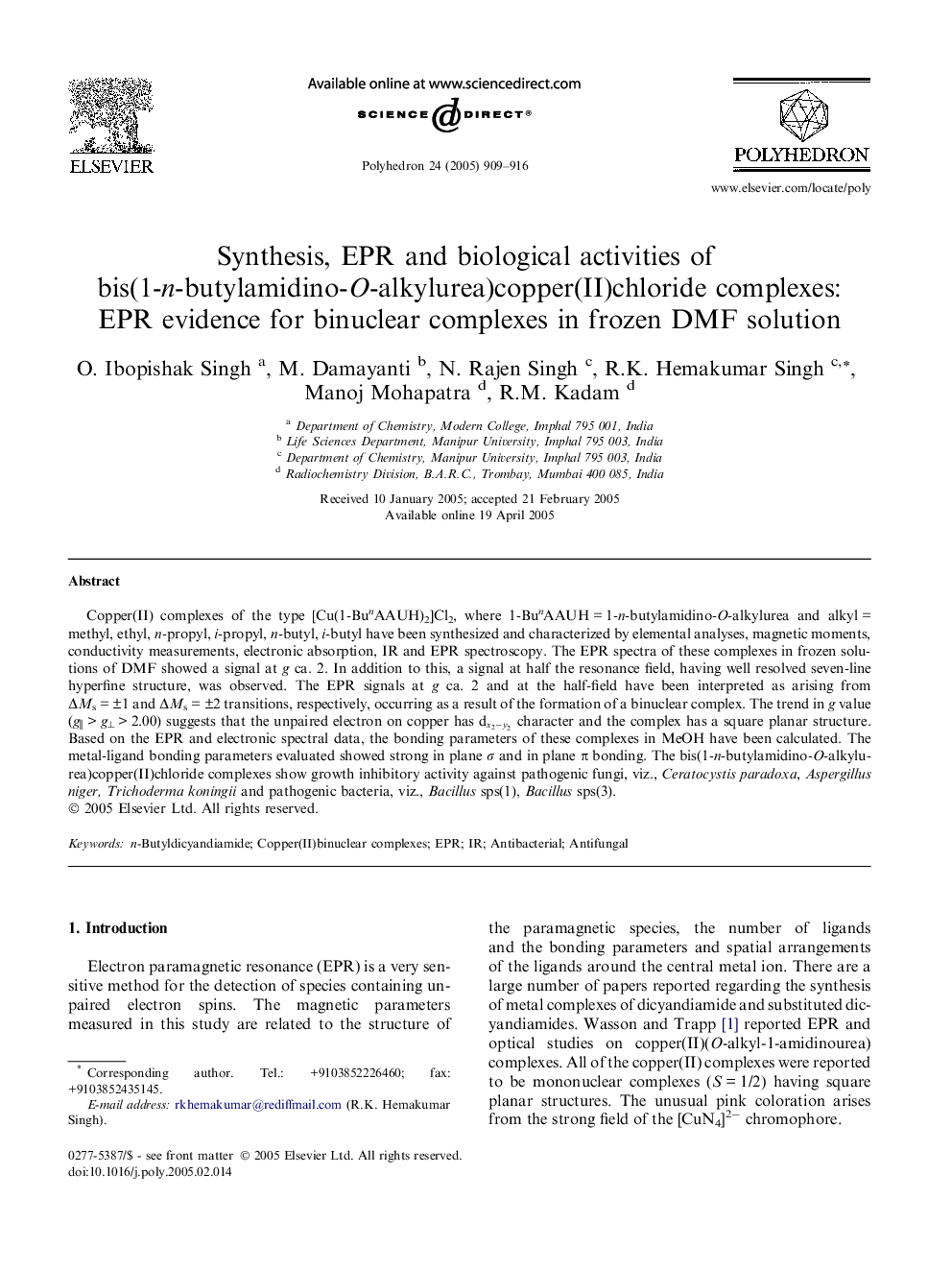 عکس صفحه اول مقاله: Synthesis, EPR and biological activities of bis(1-n-butylamidino-O-alkylurea)copper(II)chloride complexes: EPR evidence for binuclear complexes in frozen DMF solution Synthesis, EPR and biological activities of bis(1-n-butylamidino-O-alkylurea)copper(II)chloride complexes: EPR evidence for binuclear complexes in frozen DMF solution