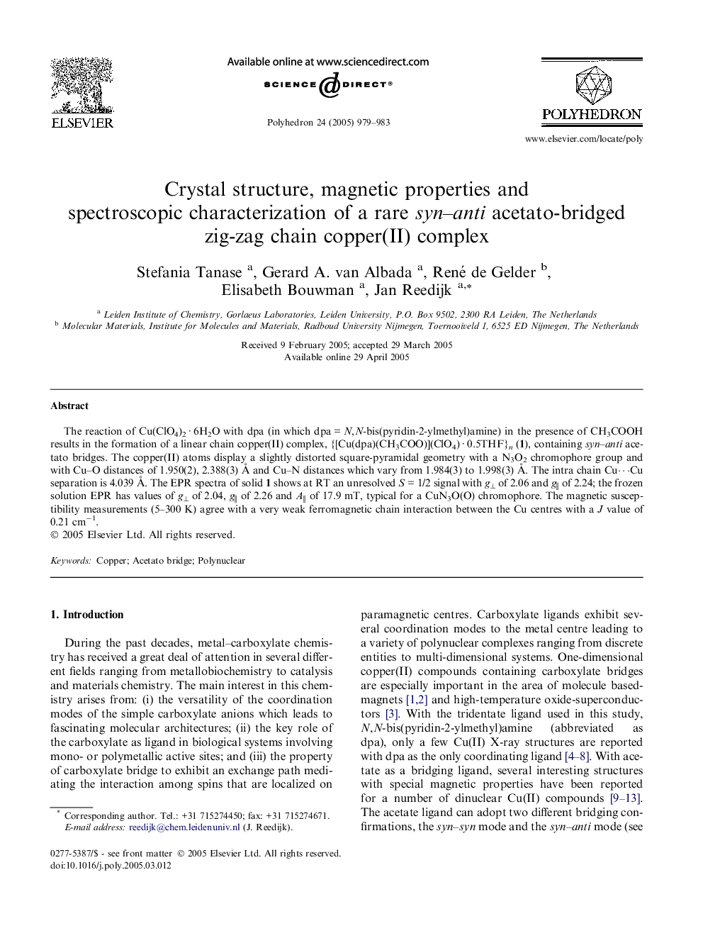 Crystal structure, magnetic properties and spectroscopic characterization of a rare syn-anti acetato-bridged zig-zag chain copper(II) complex