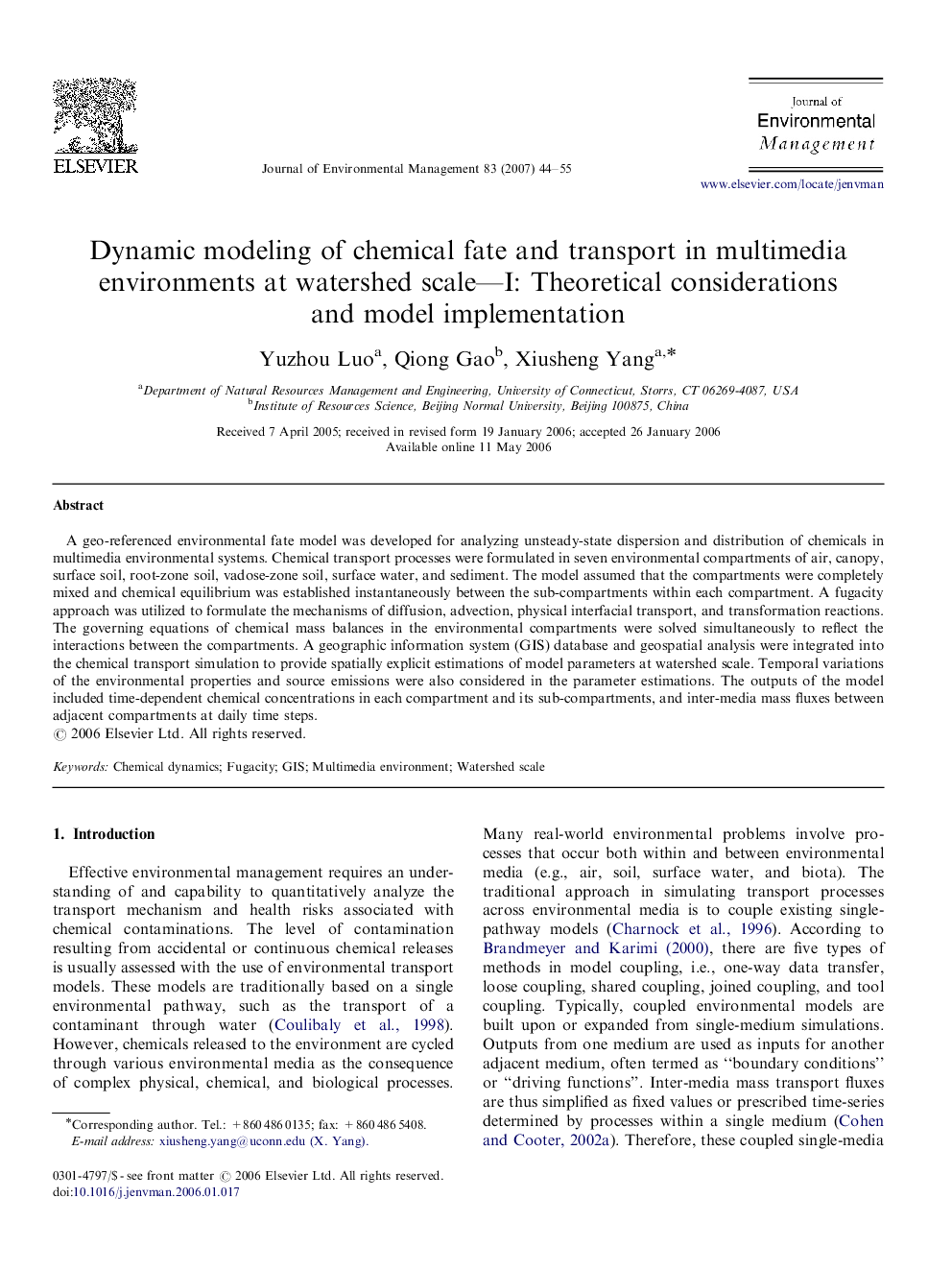 Dynamic modeling of chemical fate and transport in multimedia environments at watershed scale—I: Theoretical considerations and model implementation