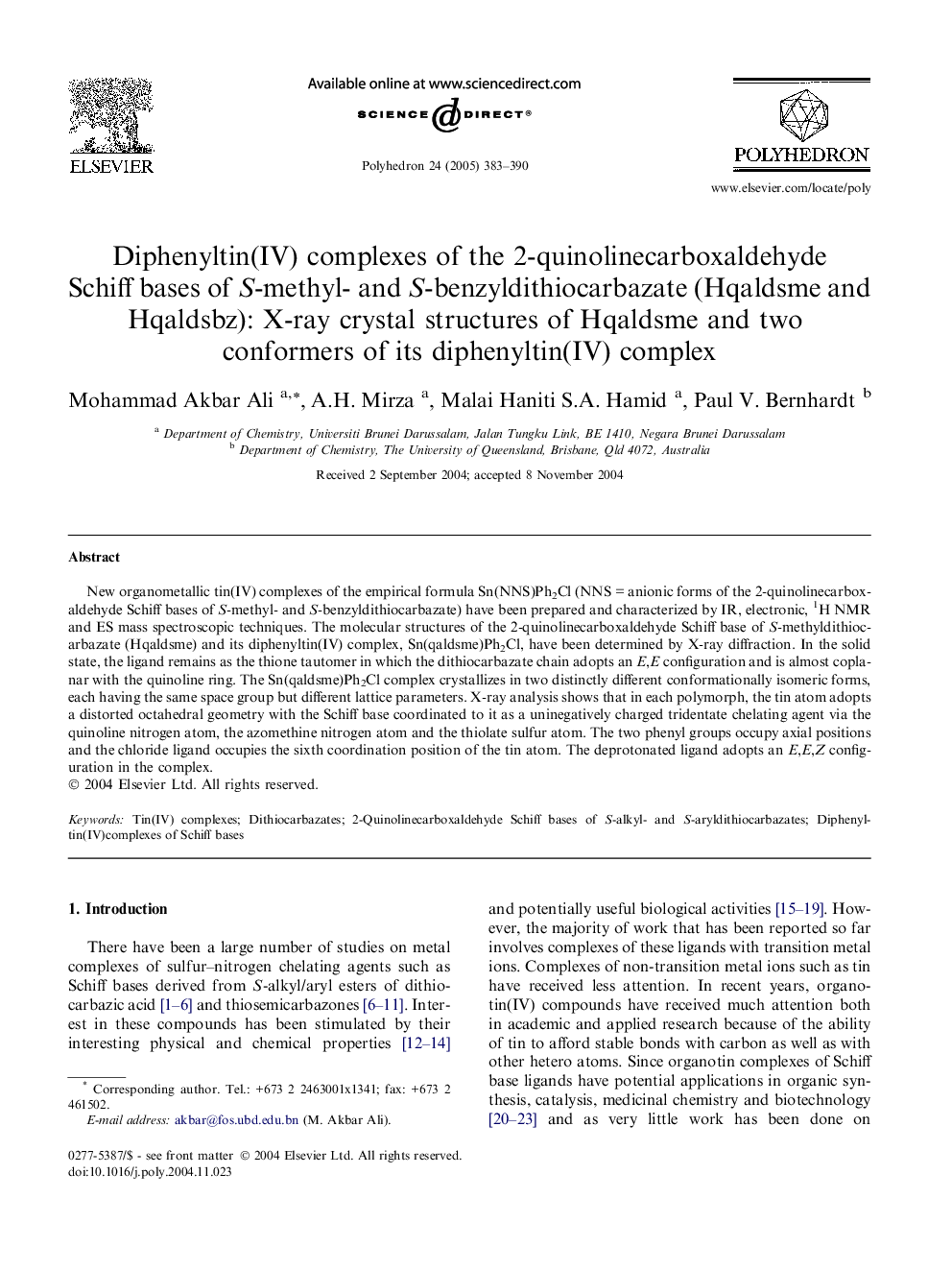 Diphenyltin(IV) complexes of the 2-quinolinecarboxaldehyde Schiff bases of S-methyl- and S-benzyldithiocarbazate (Hqaldsme and Hqaldsbz): X-ray crystal structures of Hqaldsme and two conformers of its diphenyltin(IV) complex