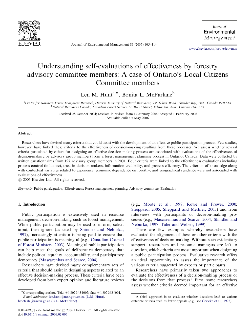 Understanding self-evaluations of effectiveness by forestry advisory committee members: A case of Ontario's Local Citizens Committee members