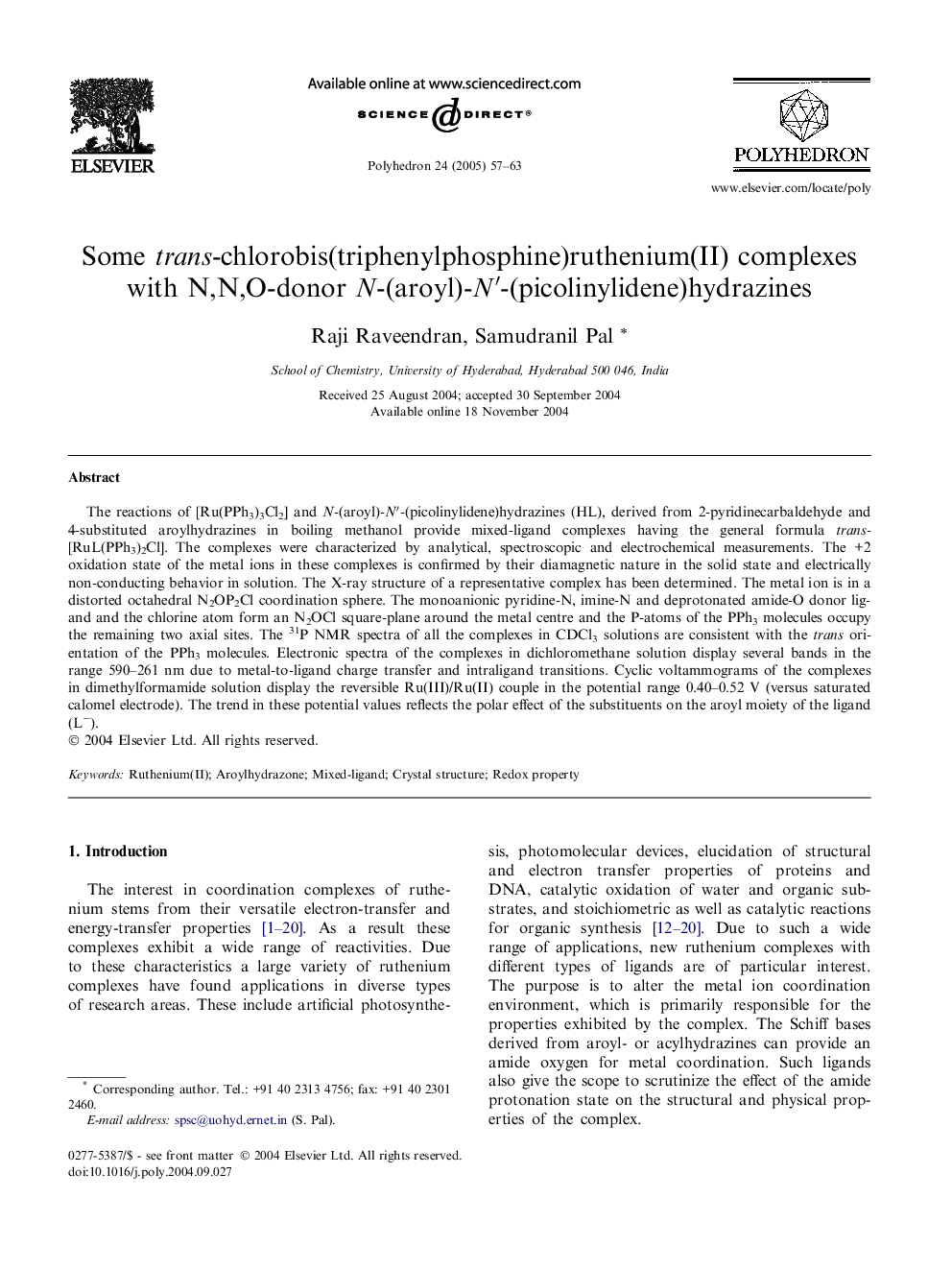 Some trans-chlorobis(triphenylphosphine)ruthenium(II) complexes with N,N,O-donor N-(aroyl)-Nâ²-(picolinylidene)hydrazines