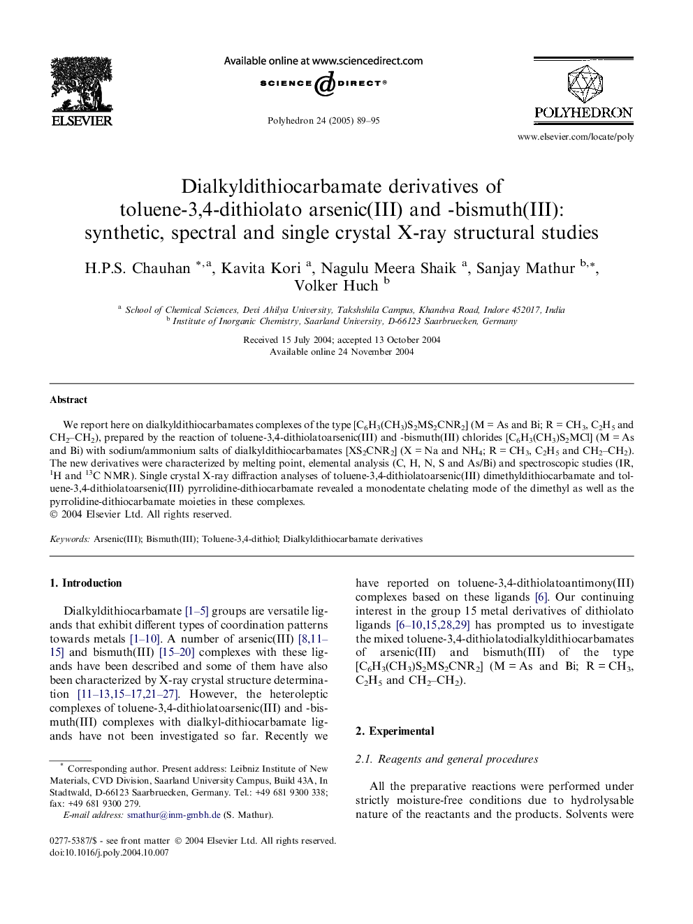 Dialkyldithiocarbamate derivatives of toluene-3,4-dithiolato arsenic(III) and -bismuth(III): synthetic, spectral and single crystal X-ray structural studies