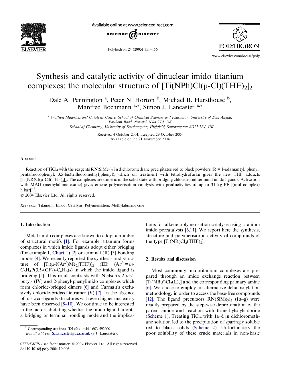 Synthesis and catalytic activity of dinuclear imido titanium complexes: the molecular structure of [Ti(NPh)Cl(Î¼-Cl)(THF)2]2