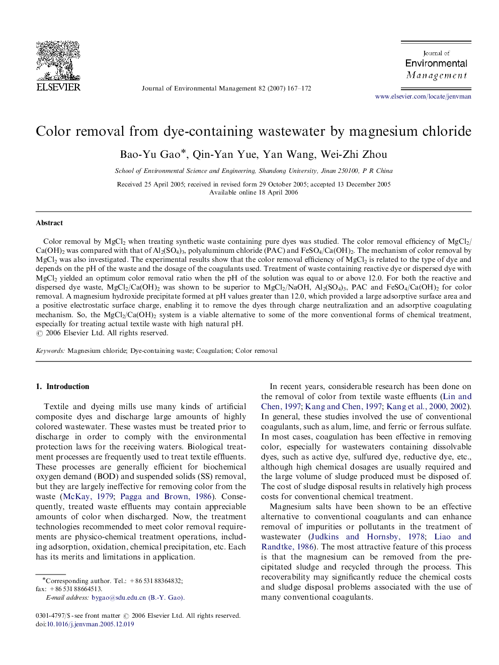 Color removal from dye-containing wastewater by magnesium chloride