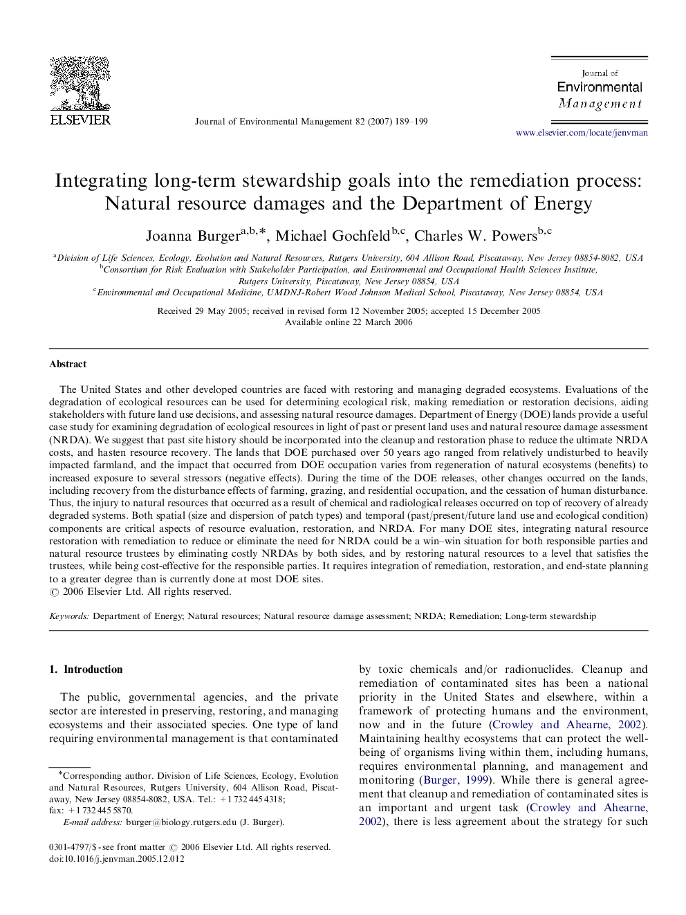 Integrating long-term stewardship goals into the remediation process: Natural resource damages and the Department of Energy