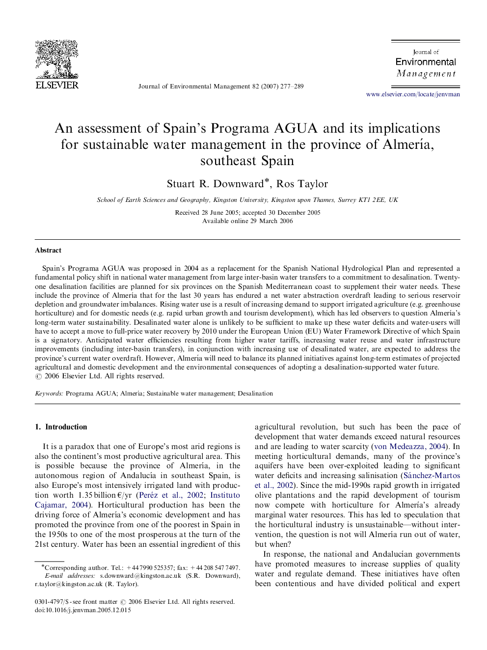 An assessment of Spain's Programa AGUA and its implications for sustainable water management in the province of Almería, southeast Spain