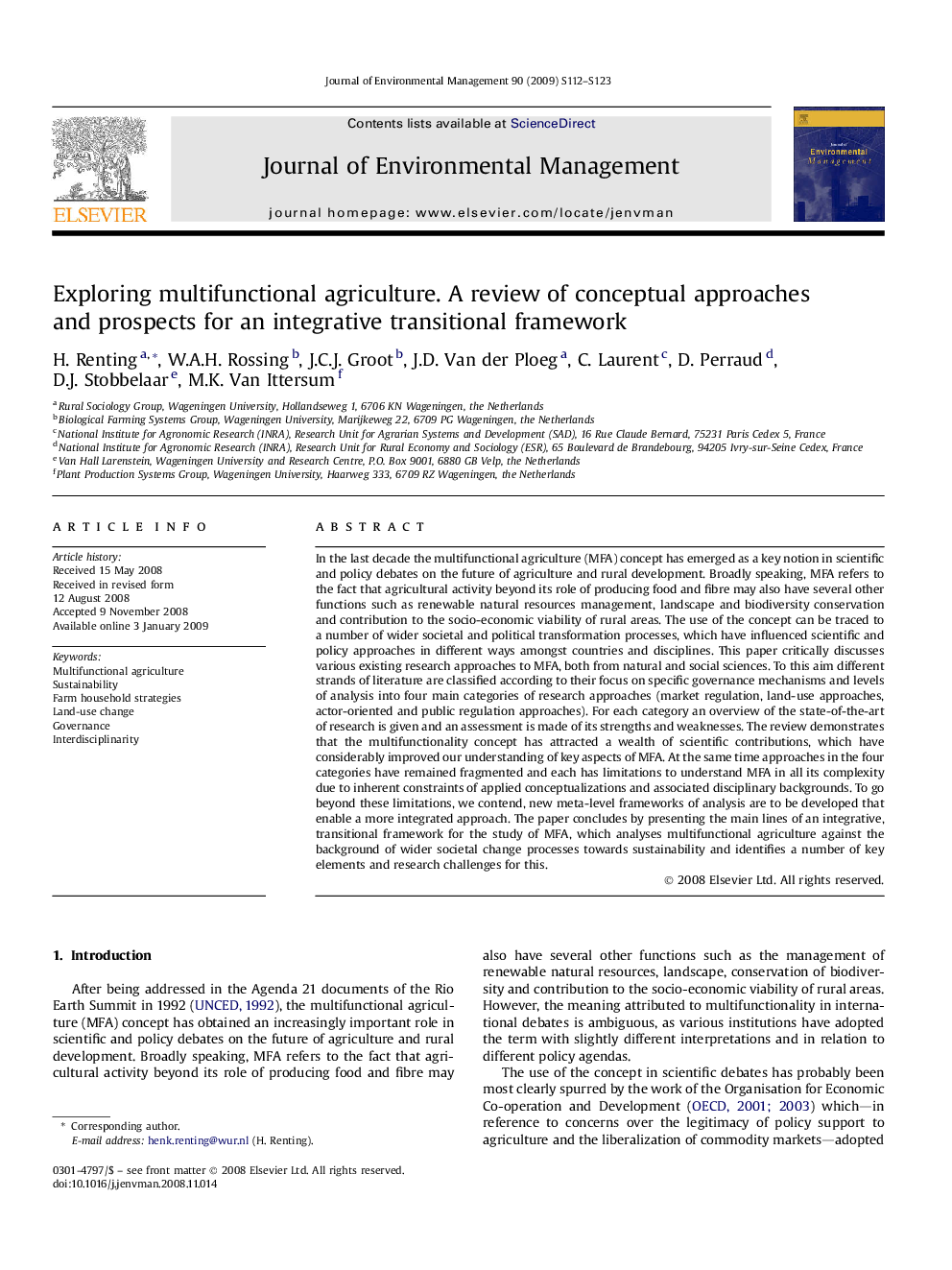 Exploring multifunctional agriculture. A review of conceptual approaches and prospects for an integrative transitional framework