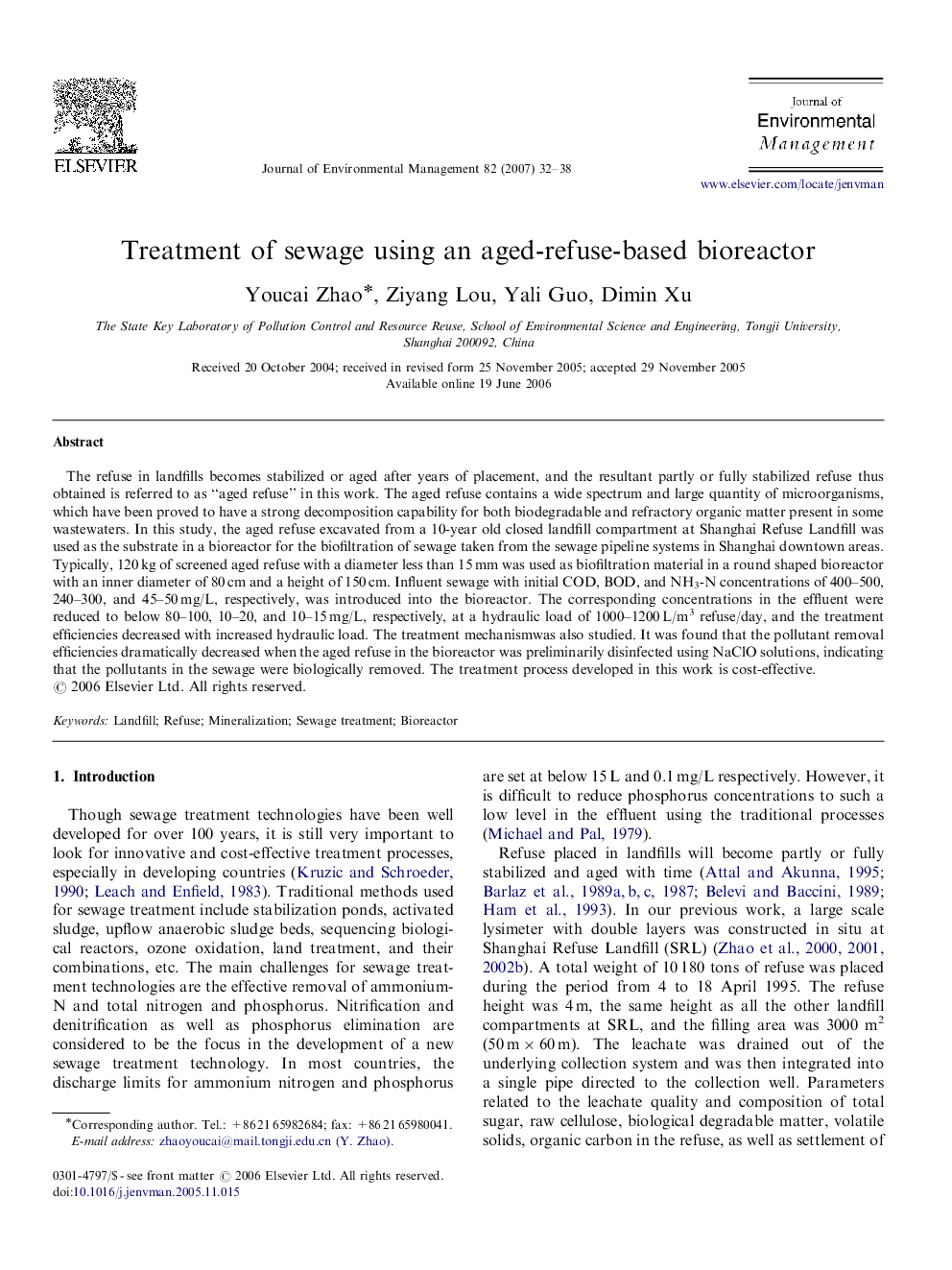 Treatment of sewage using an aged-refuse-based bioreactor