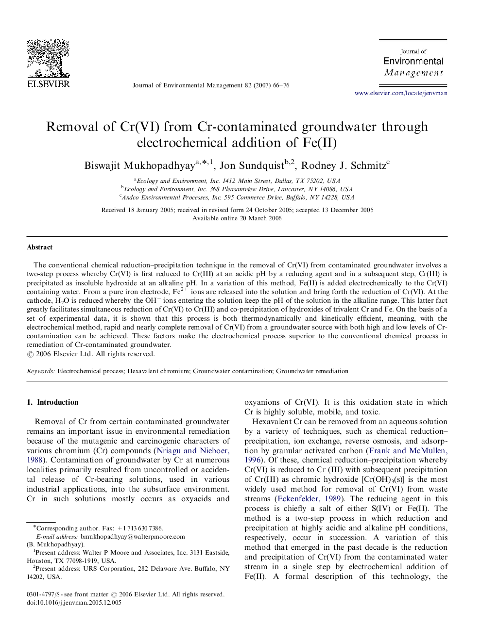 Removal of Cr(VI) from Cr-contaminated groundwater through electrochemical addition of Fe(II)