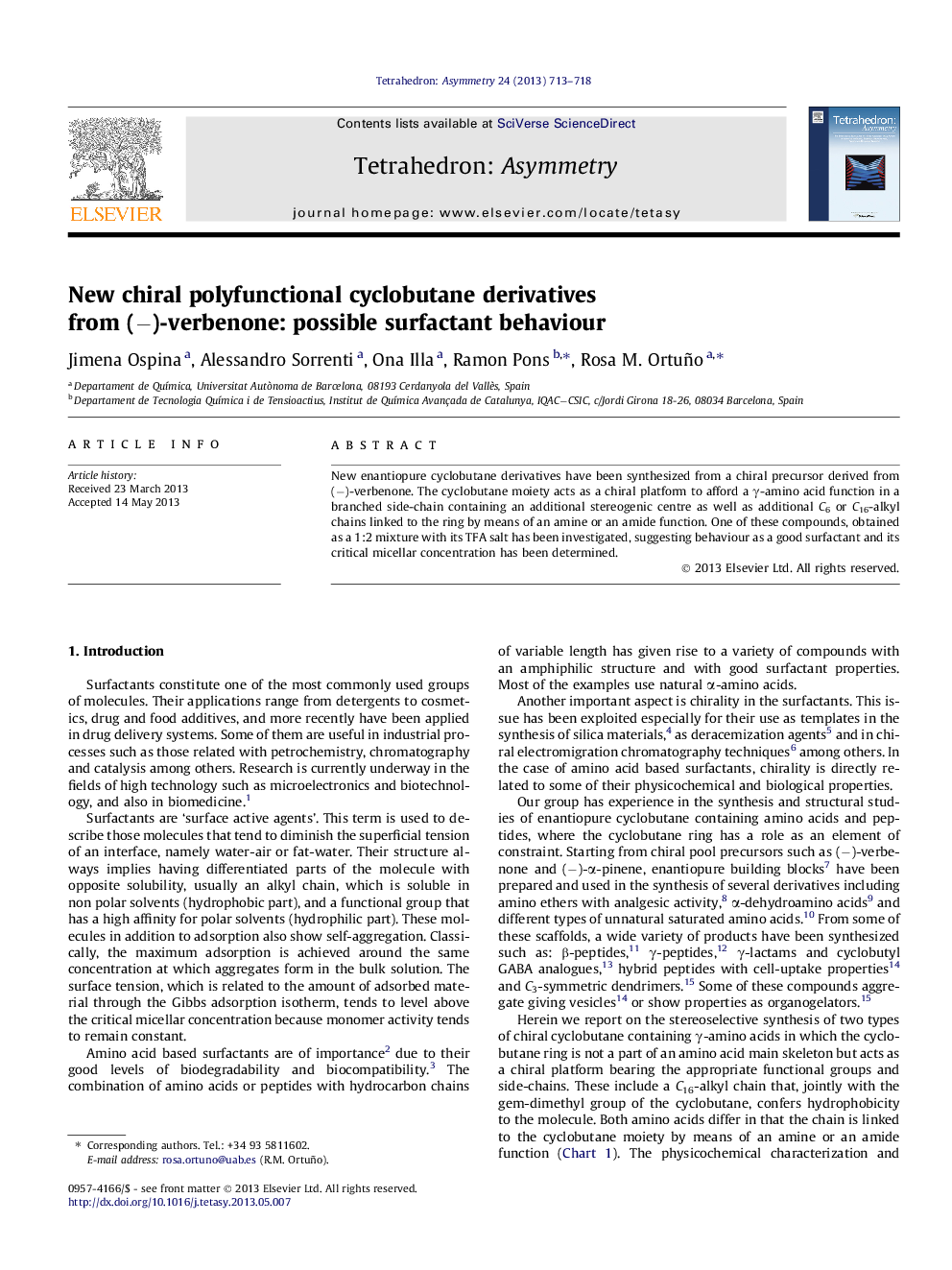 New chiral polyfunctional cyclobutane derivatives from (â)-verbenone: possible surfactant behaviour
