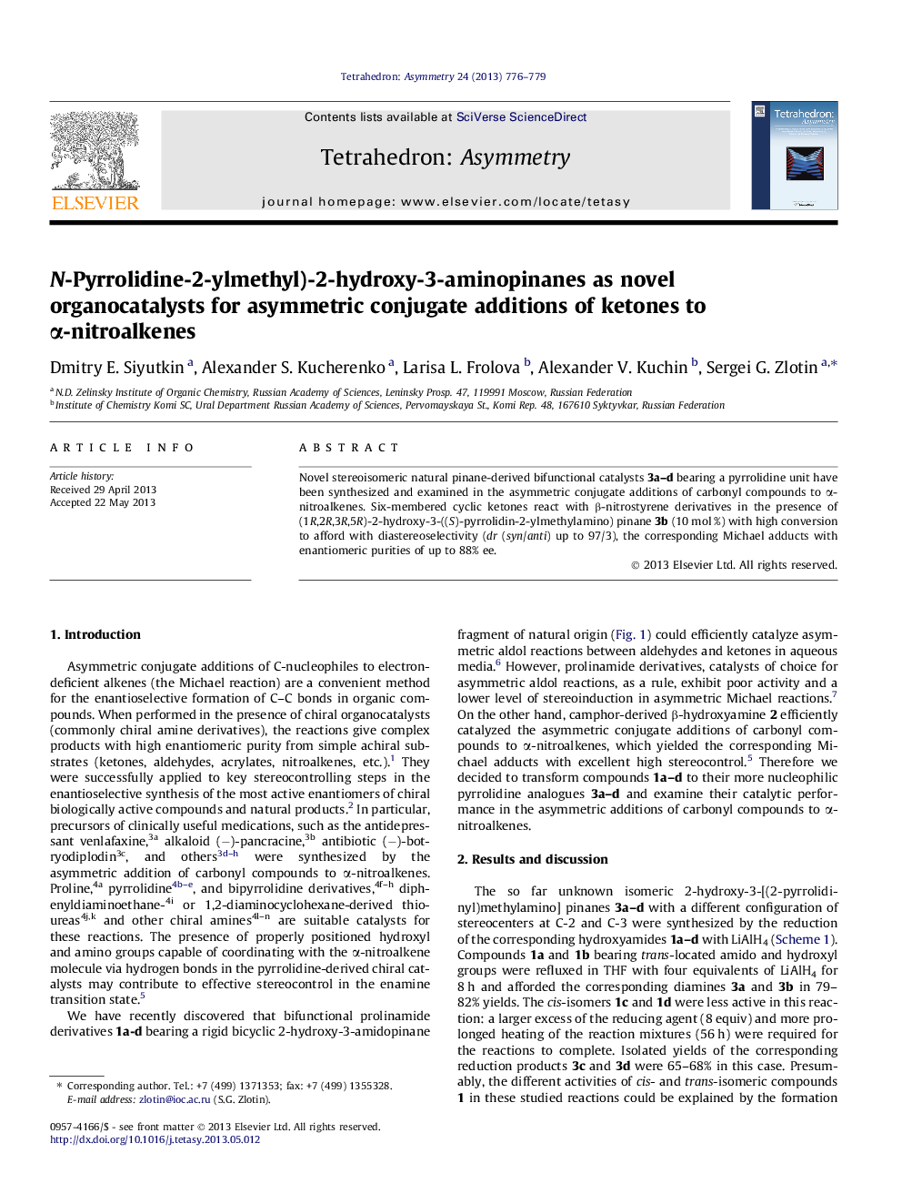 N-Pyrrolidine-2-ylmethyl)-2-hydroxy-3-aminopinanes as novel organocatalysts for asymmetric conjugate additions of ketones to Î±-nitroalkenes