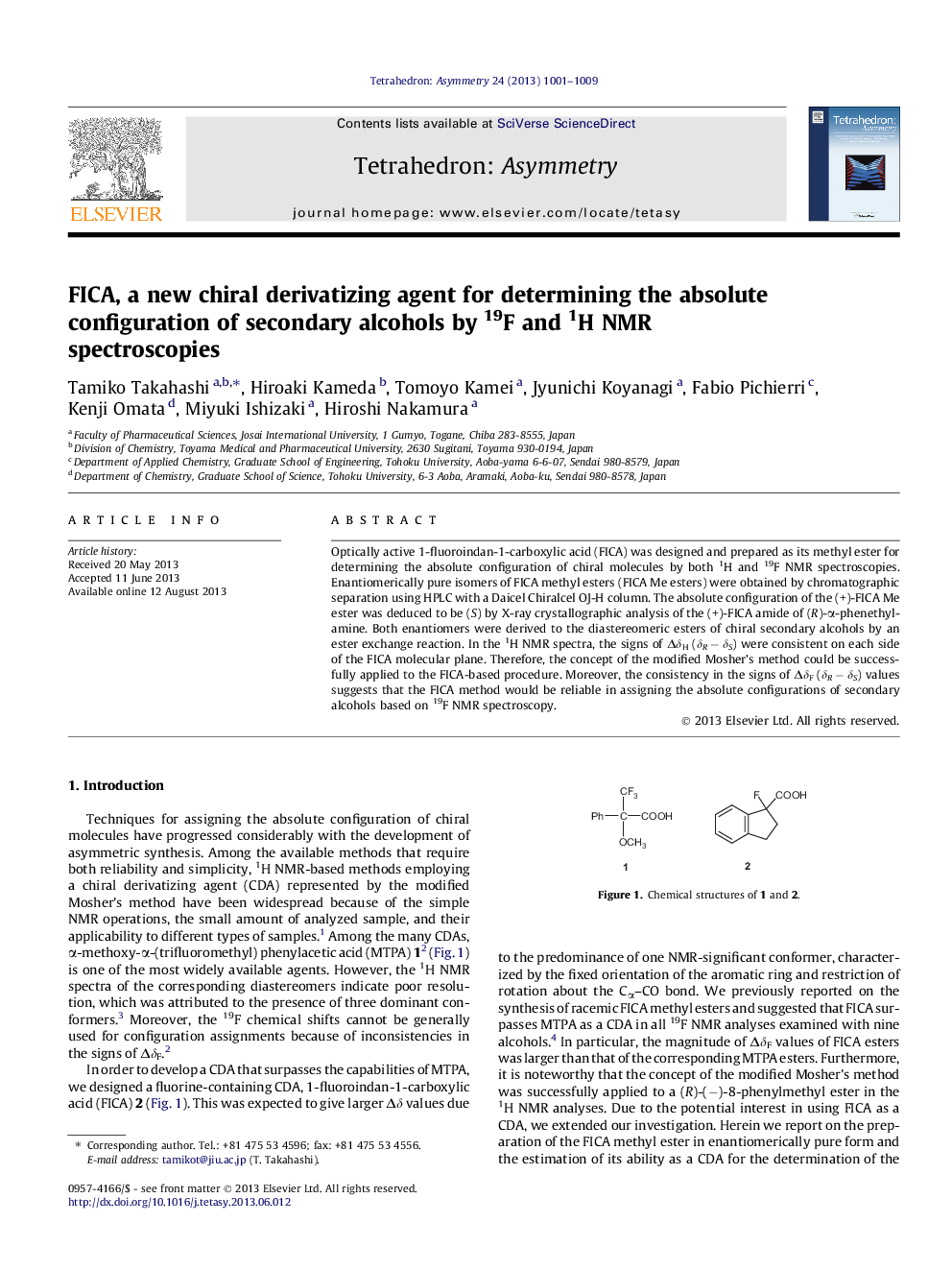 FICA, a new chiral derivatizing agent for determining the absolute configuration of secondary alcohols by 19F and 1H NMR spectroscopies