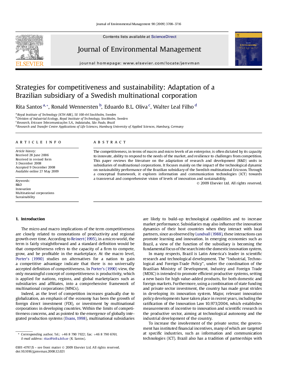 Strategies for competitiveness and sustainability: Adaptation of a Brazilian subsidiary of a Swedish multinational corporation