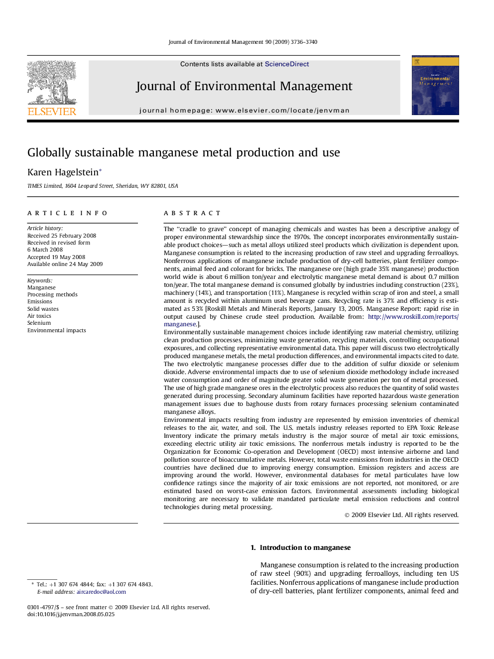 Globally sustainable manganese metal production and use