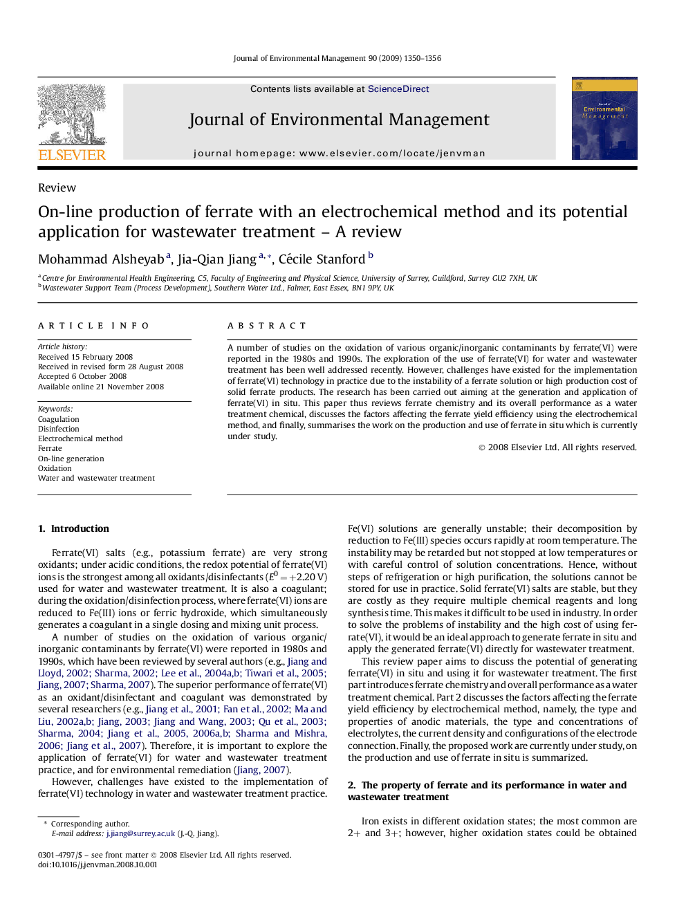 On-line production of ferrate with an electrochemical method and its potential application for wastewater treatment – A review