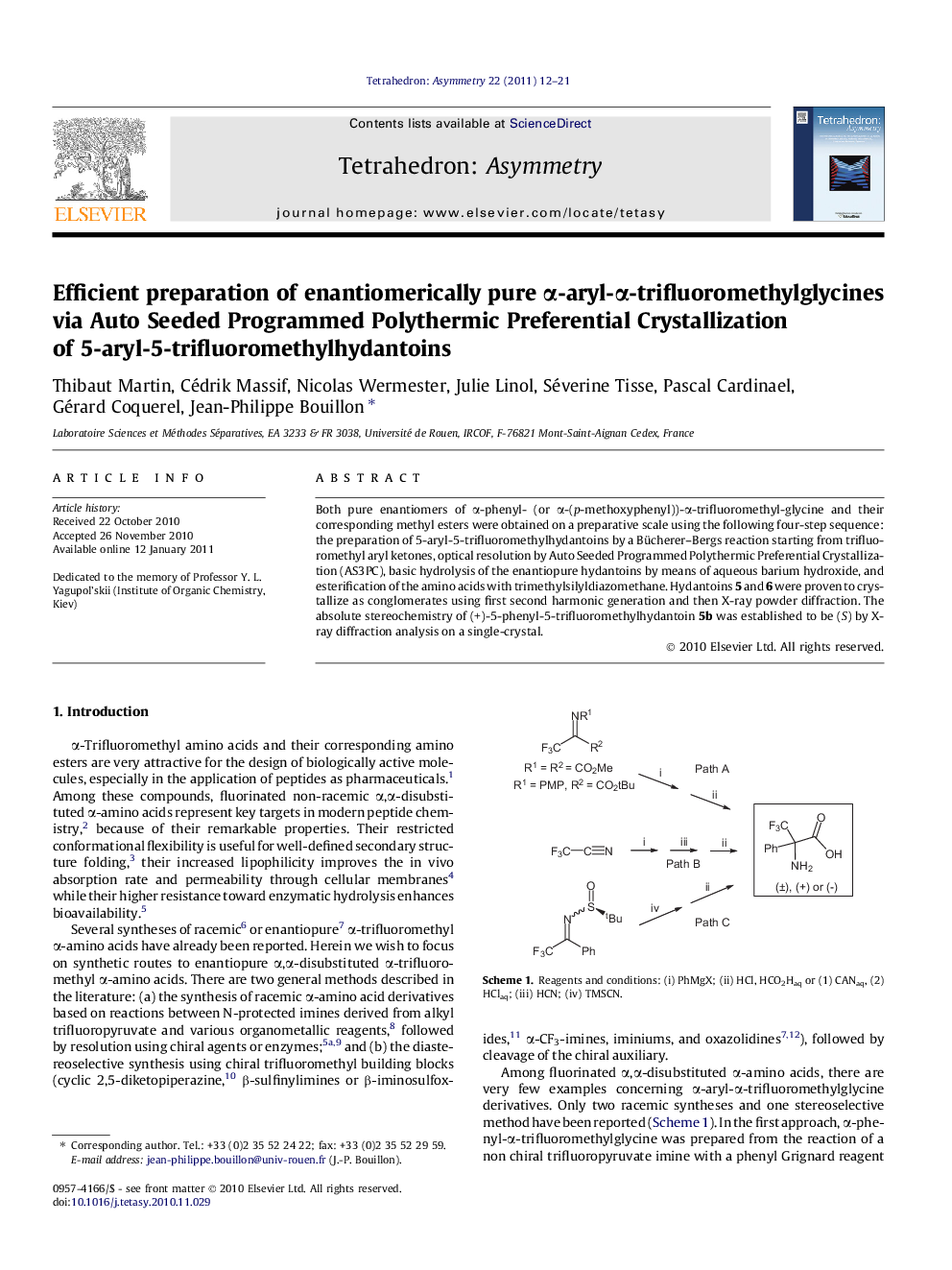 Efficient preparation of enantiomerically pure Î±-aryl-Î±-trifluoromethylglycines via Auto Seeded Programmed Polythermic Preferential Crystallization of 5-aryl-5-trifluoromethylhydantoins