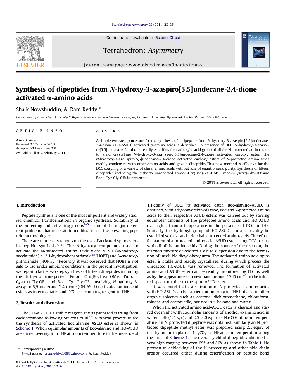 Synthesis of dipeptides from N-hydroxy-3-azaspiro[5,5]undecane-2,4-dione activated Î±-amino acids