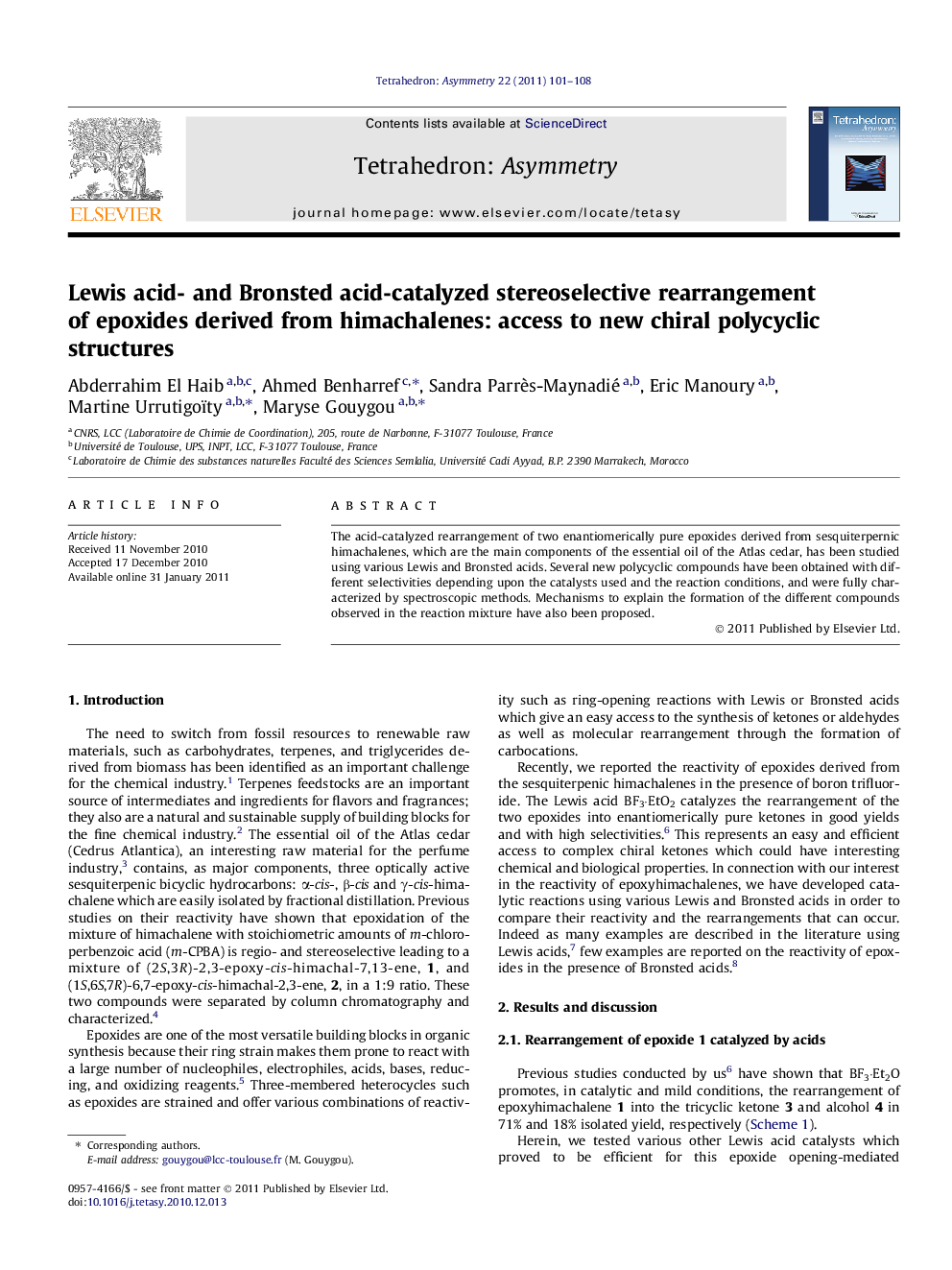 Lewis acid- and Bronsted acid-catalyzed stereoselective rearrangement of epoxides derived from himachalenes: access to new chiral polycyclic structures