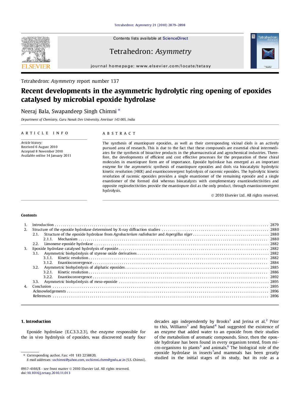 عکس صفحه اول مقاله: Recent developments in the asymmetric hydrolytic ring opening of epoxides catalysed by microbial epoxide hydrolase Recent developments in the asymmetric hydrolytic ring opening of epoxides catalysed by microbial epoxide hydrolase