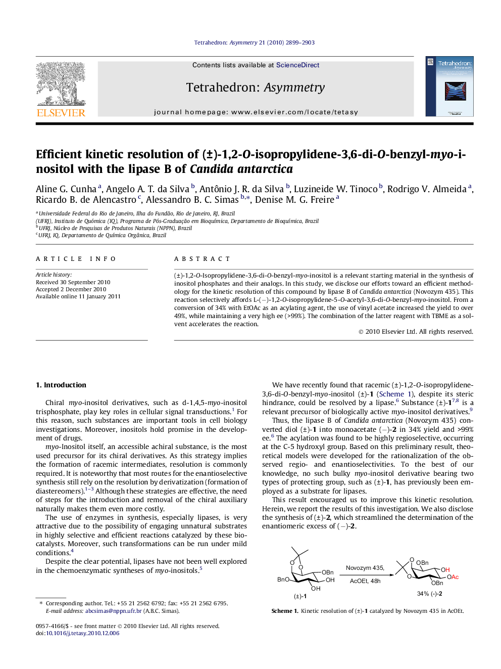 عکس صفحه اول مقاله: Efficient kinetic resolution of (±)-1,2-O-isopropylidene-3,6-di-O-benzyl-myo-inositol with the lipase B of Candida antarctica Efficient kinetic resolution of (±)-1,2-O-isopropylidene-3,6-di-O-benzyl-myo-inositol with the lipase B of Candida antarctica
