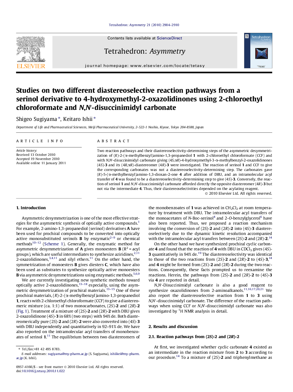 عکس صفحه اول مقاله: Studies on two different diastereoselective reaction pathways from a serinol derivative to 4-hydroxymethyl-2-oxazolidinones using 2-chloroethyl chloroformate and N,Nâ²-disuccinimidyl carbonate Studies on two different diastereoselective reaction pathways from a serinol derivative to 4-hydroxymethyl-2-oxazolidinones using 2-chloroethyl chloroformate and N,Nâ²-disuccinimidyl carbonate