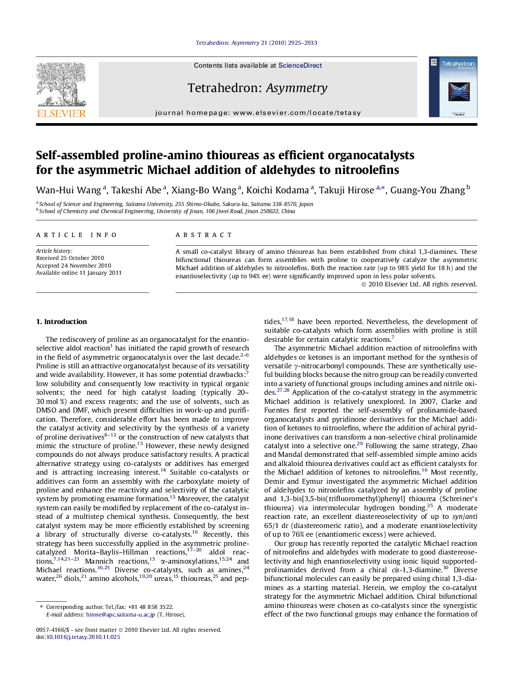 عکس صفحه اول مقاله: Self-assembled proline-amino thioureas as efficient organocatalysts for the asymmetric Michael addition of aldehydes to nitroolefins Self-assembled proline-amino thioureas as efficient organocatalysts for the asymmetric Michael addition of aldehydes to nitroolefins