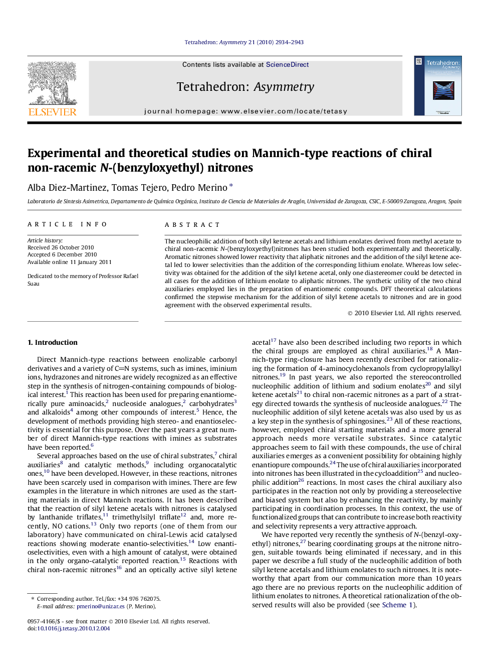 عکس صفحه اول مقاله: Experimental and theoretical studies on Mannich-type reactions of chiral non-racemic N-(benzyloxyethyl) nitrones Experimental and theoretical studies on Mannich-type reactions of chiral non-racemic N-(benzyloxyethyl) nitrones