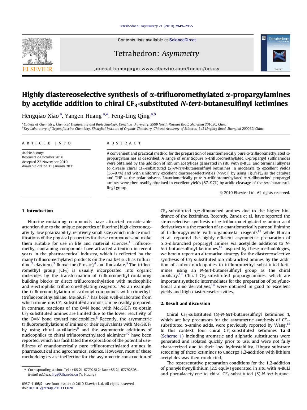 عکس صفحه اول مقاله: Highly diastereoselective synthesis of α-trifluoromethylated α-propargylamines by acetylide addition to chiral CF3-substituted N-tert-butanesulfinyl ketimines Highly diastereoselective synthesis of α-trifluoromethylated α-propargylamines by acetylide addition to chiral CF3-substituted N-tert-butanesulfinyl ketimines