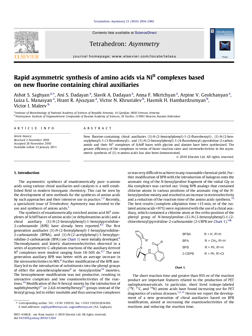 عکس صفحه اول مقاله: Rapid asymmetric synthesis of amino acids via NiII complexes based on new fluorine containing chiral auxiliaries Rapid asymmetric synthesis of amino acids via NiII complexes based on new fluorine containing chiral auxiliaries
