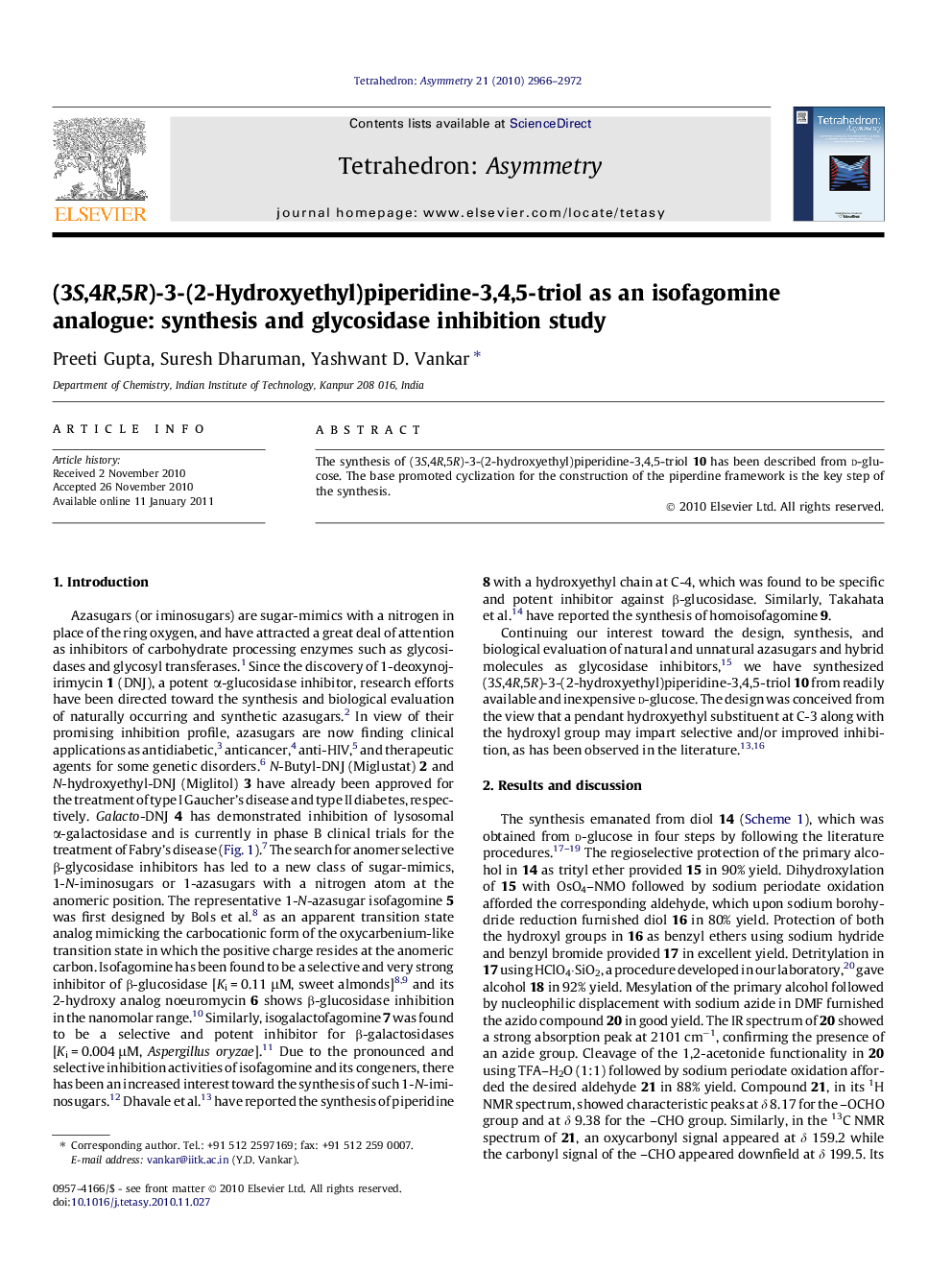 عکس صفحه اول مقاله: (3S,4R,5R)-3-(2-Hydroxyethyl)piperidine-3,4,5-triol as an isofagomine analogue: synthesis and glycosidase inhibition study (3S,4R,5R)-3-(2-Hydroxyethyl)piperidine-3,4,5-triol as an isofagomine analogue: synthesis and glycosidase inhibition study