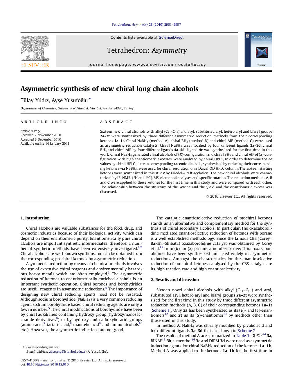 عکس صفحه اول مقاله: Asymmetric synthesis of new chiral long chain alcohols Asymmetric synthesis of new chiral long chain alcohols