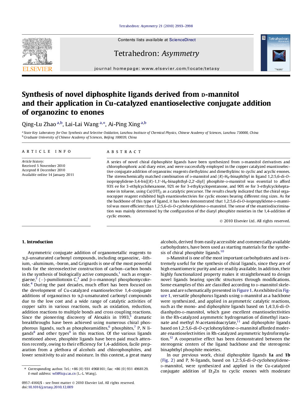 عکس صفحه اول مقاله: Synthesis of novel diphosphite ligands derived from d-mannitol and their application in Cu-catalyzed enantioselective conjugate addition of organozinc to enones Synthesis of novel diphosphite ligands derived from d-mannitol and their application in Cu-catalyzed enantioselective conjugate addition of organozinc to enones