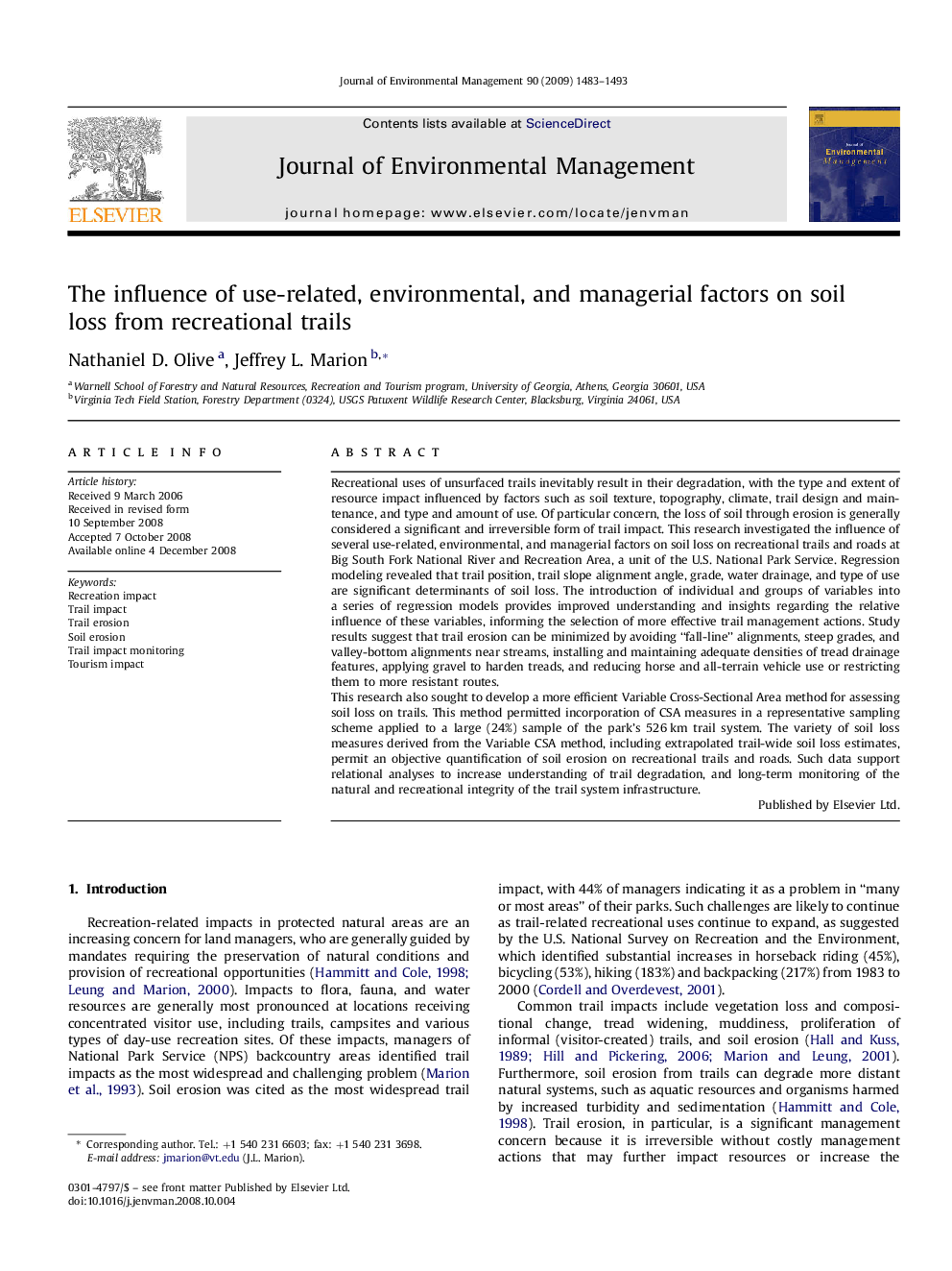 The influence of use-related, environmental, and managerial factors on soil loss from recreational trails