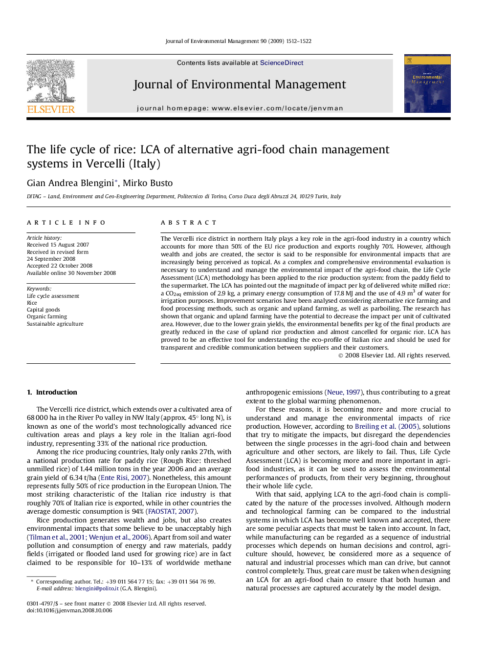 The life cycle of rice: LCA of alternative agri-food chain management systems in Vercelli (Italy)