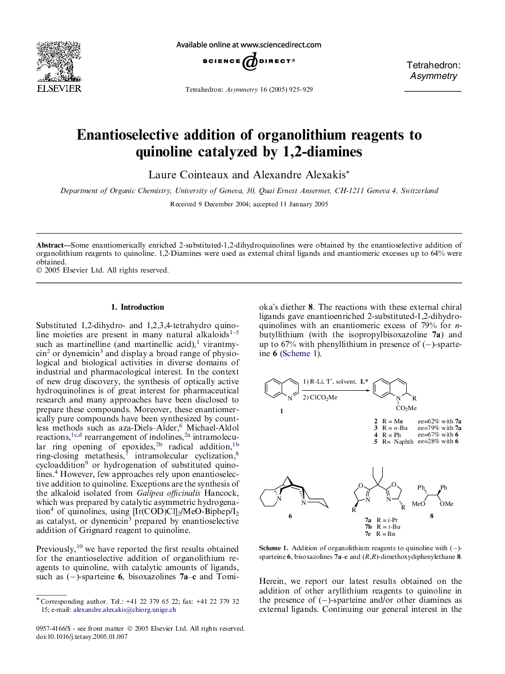 Enantioselective addition of organolithium reagents to quinoline catalyzed by 1,2-diamines