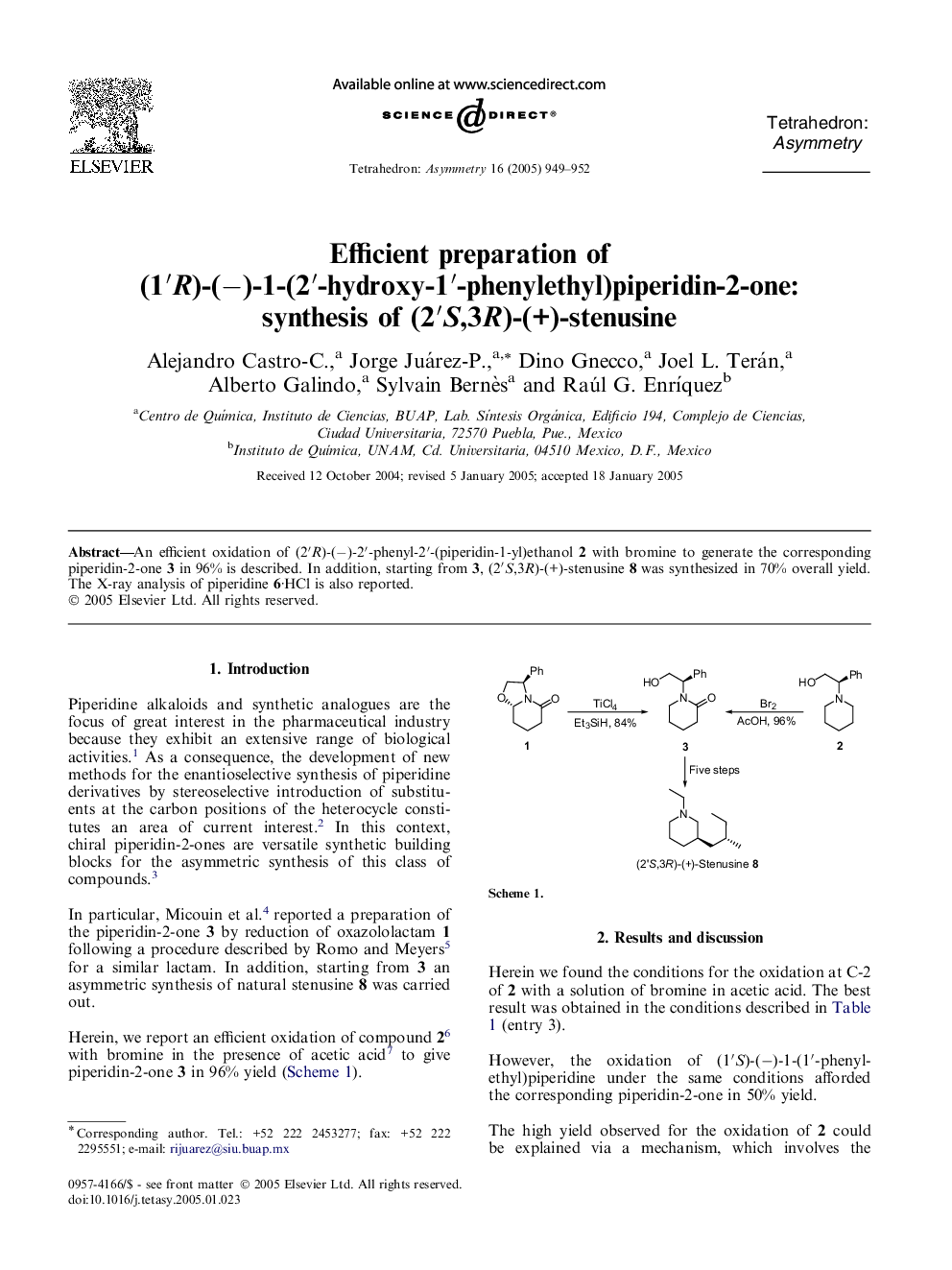 Efficient preparation of (1â²R)-(â)-1-(2â²-hydroxy-1â²-phenylethyl)piperidin-2-one: synthesis of (2â²S,3R)-(+)-stenusine