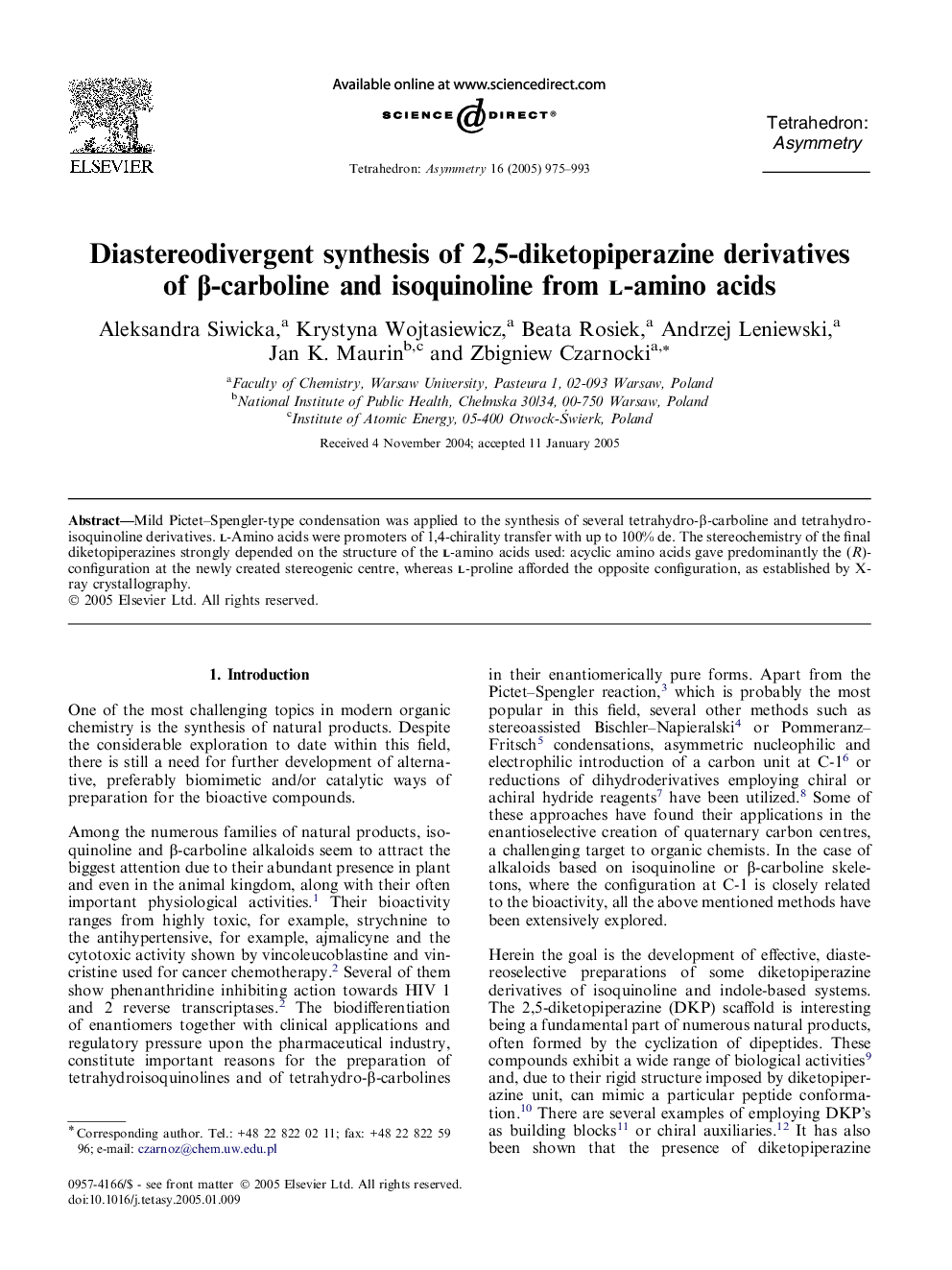 Diastereodivergent synthesis of 2,5-diketopiperazine derivatives of Î²-carboline and isoquinoline from l-amino acids