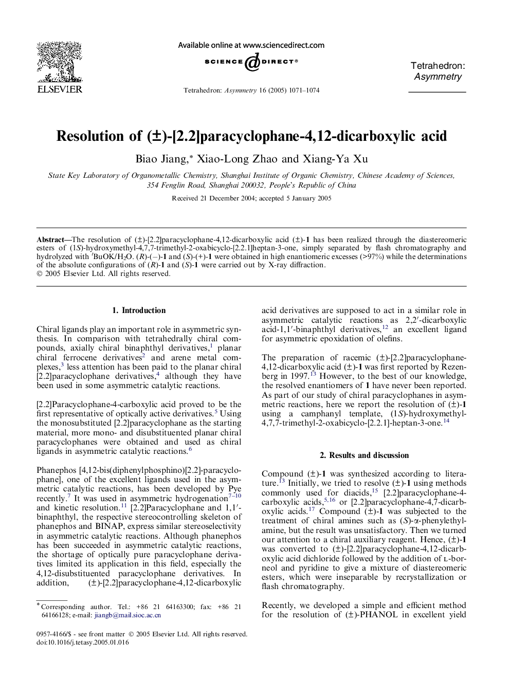 Resolution of (Â±)-[2.2]paracyclophane-4,12-dicarboxylic acid