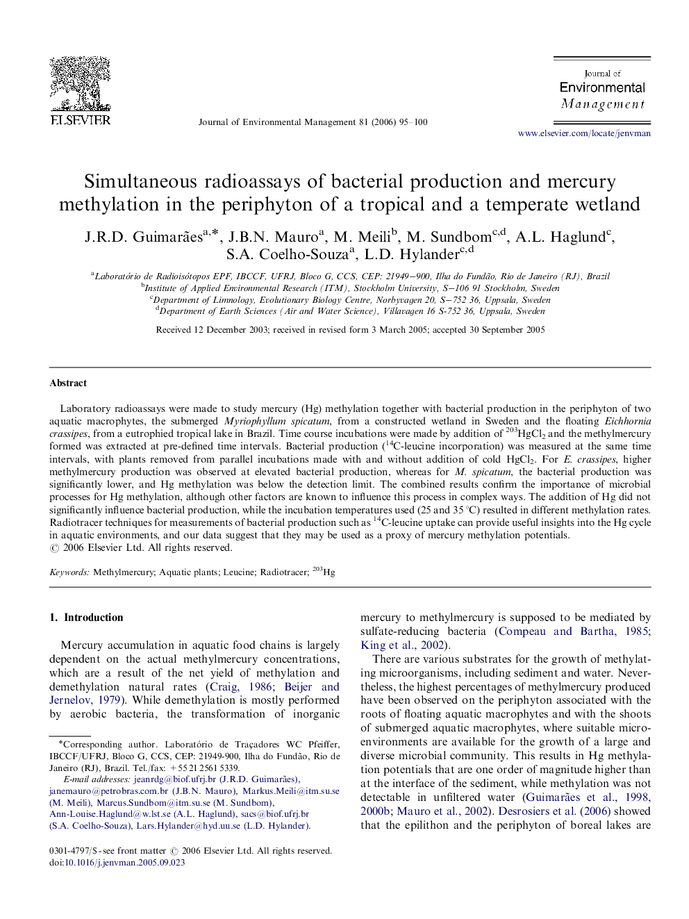 Simultaneous radioassays of bacterial production and mercury methylation in the periphyton of a tropical and a temperate wetland