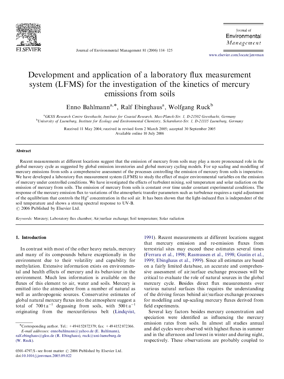 Development and application of a laboratory flux measurement system (LFMS) for the investigation of the kinetics of mercury emissions from soils