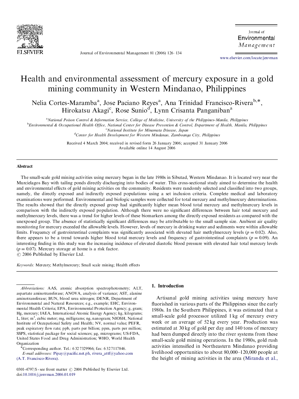 Health and environmental assessment of mercury exposure in a gold mining community in Western Mindanao, Philippines