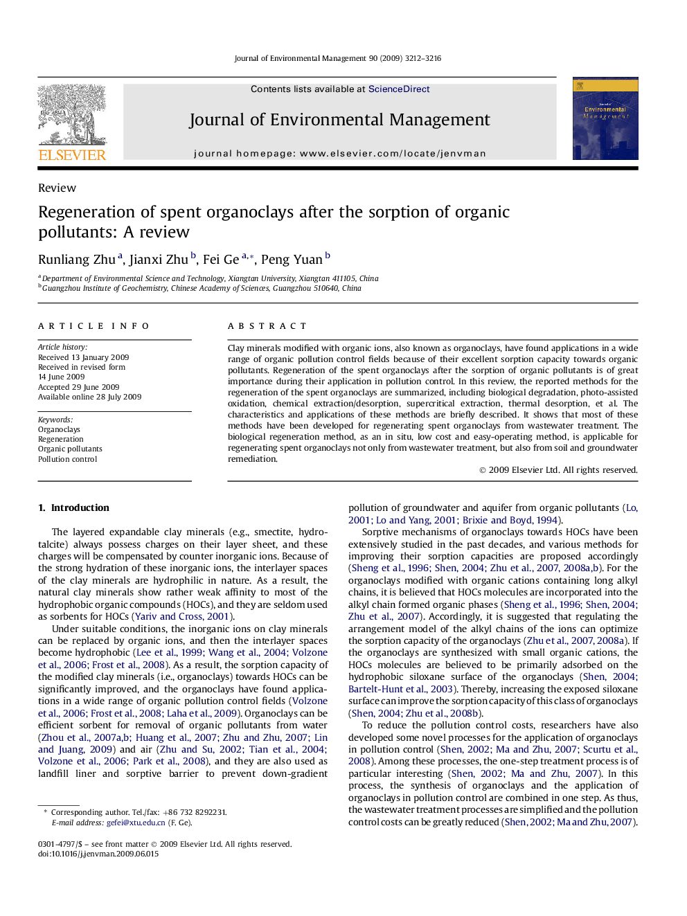 Regeneration of spent organoclays after the sorption of organic pollutants: A review