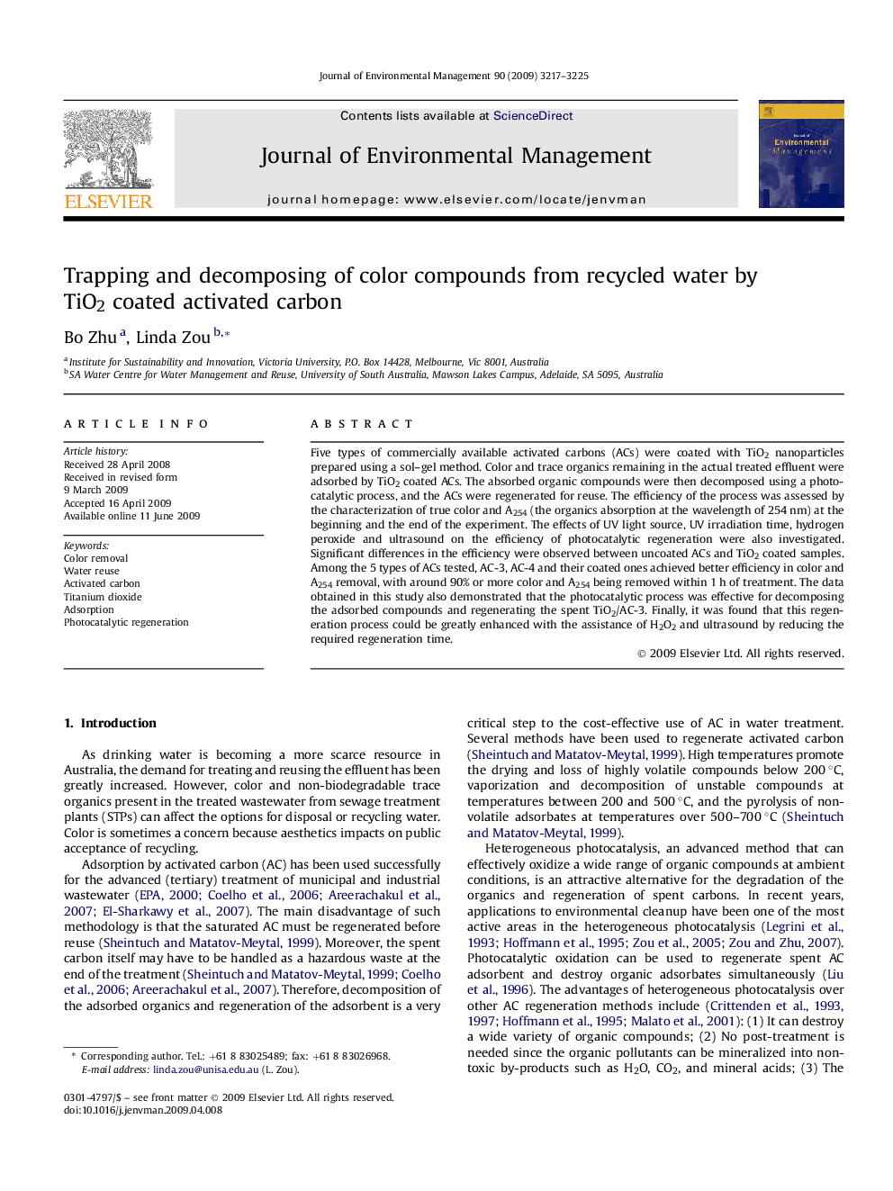 Trapping and decomposing of color compounds from recycled water by TiO2 coated activated carbon