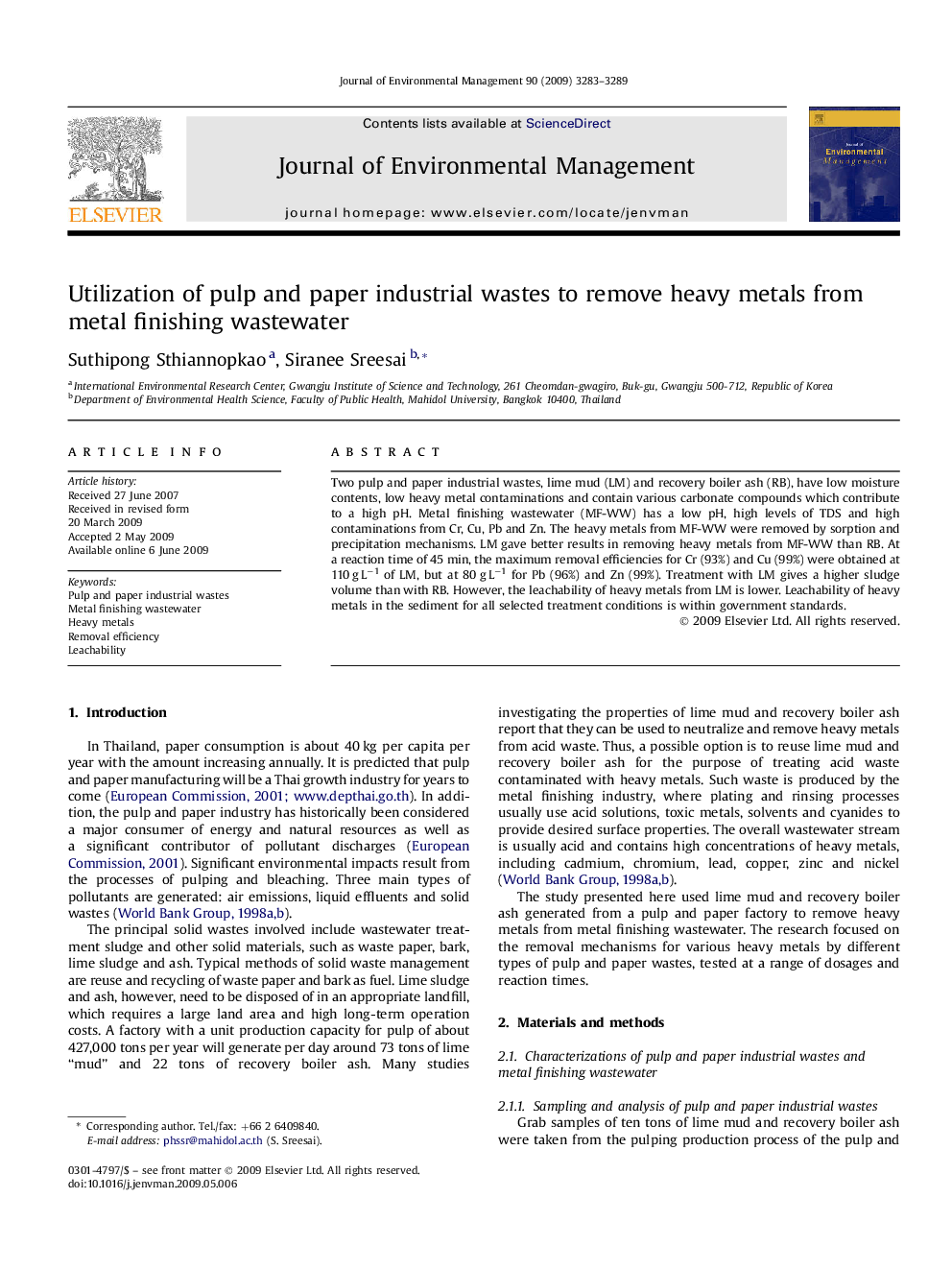 Utilization of pulp and paper industrial wastes to remove heavy metals from metal finishing wastewater