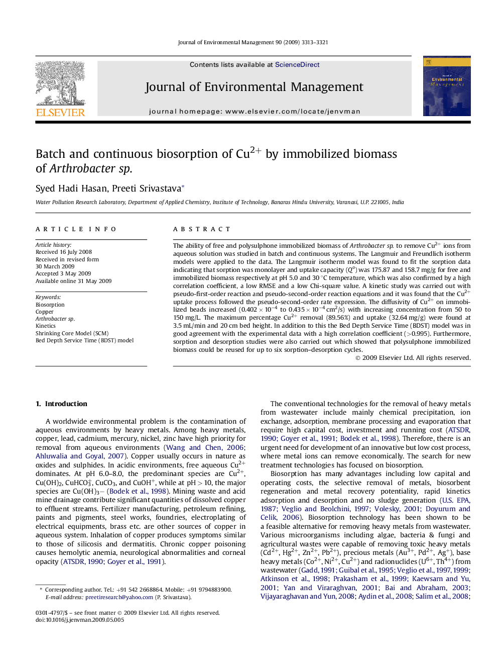 Batch and continuous biosorption of Cu2+ by immobilized biomass of Arthrobacter sp.